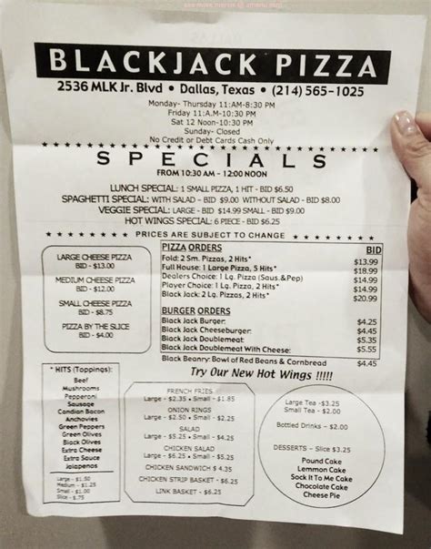 Blackjack Pizza Menu De Dallas Tx